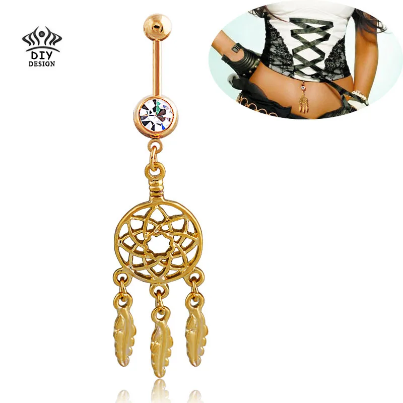 

Gold Dream Catcher Dangle Hot Belly Ring Navel bar Fashion Body Piercing Jewelry Surgical Steel Wholesale mixed color