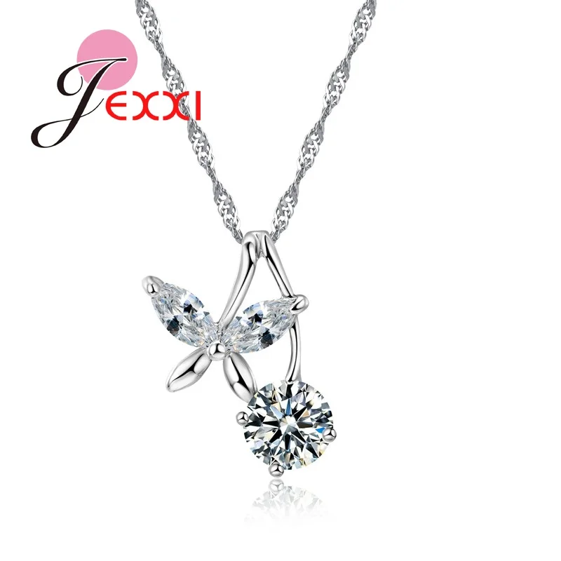

925 Sterling Silver Fashion Clear Crystal Stone Flower Branch Drop Pendant Necklace for Women Female Accessaries