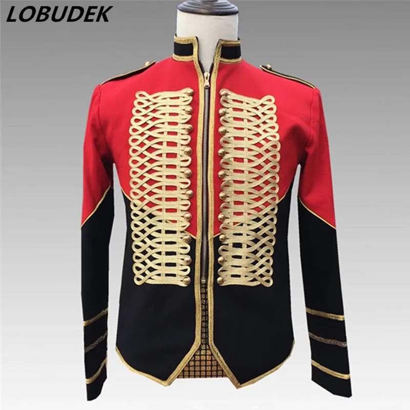 

England Style Men's Court Clothes Trendy Epaulet Black-red Stitching Military Uniform Jacket Rock Singer Nightclub Stage Costume