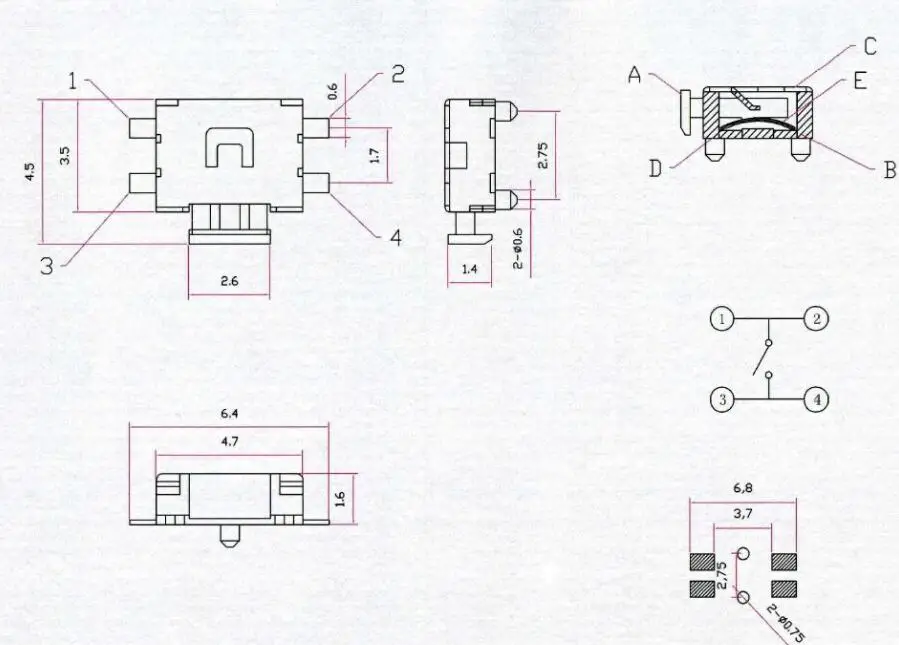 10 шт. 4,7x3,5x1,6 мм 4 Pin SMT SMD СТОРОНА такт тактильная кнопка переключатель крепление