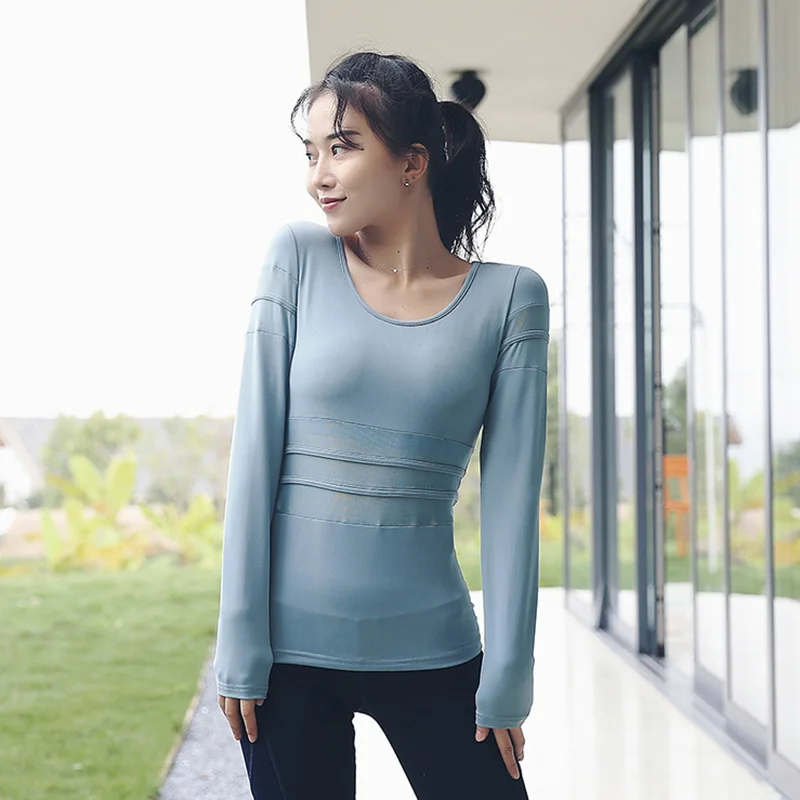 Light Blue SALSPOR женский топ для йоги с круглым вырезом, спортивная рубашка для спортзала, облегающая футболка для бега и занятий спортом, быстросохнущая футболка для фитнеса, йоги, тренировочный топ - Цвет: Light Blue