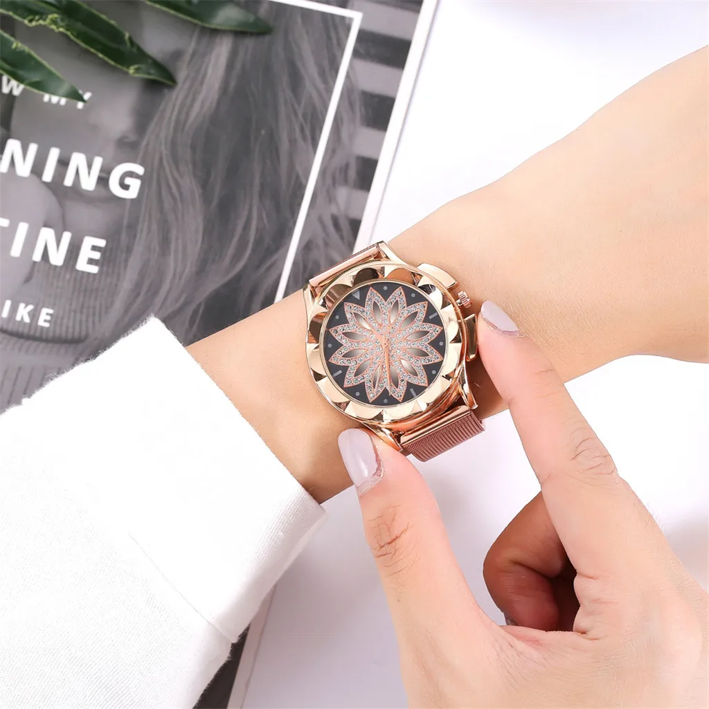

Casual Quartz Stainless Steel Band Women Lucky Flower Rhinestone Watch reloj para mujeres montre pour les femmes