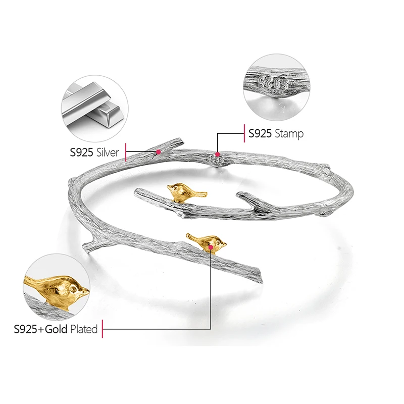 Женский Регулируемый Браслет Птица на ветке Lotus Fun изящное ювелирное изделие