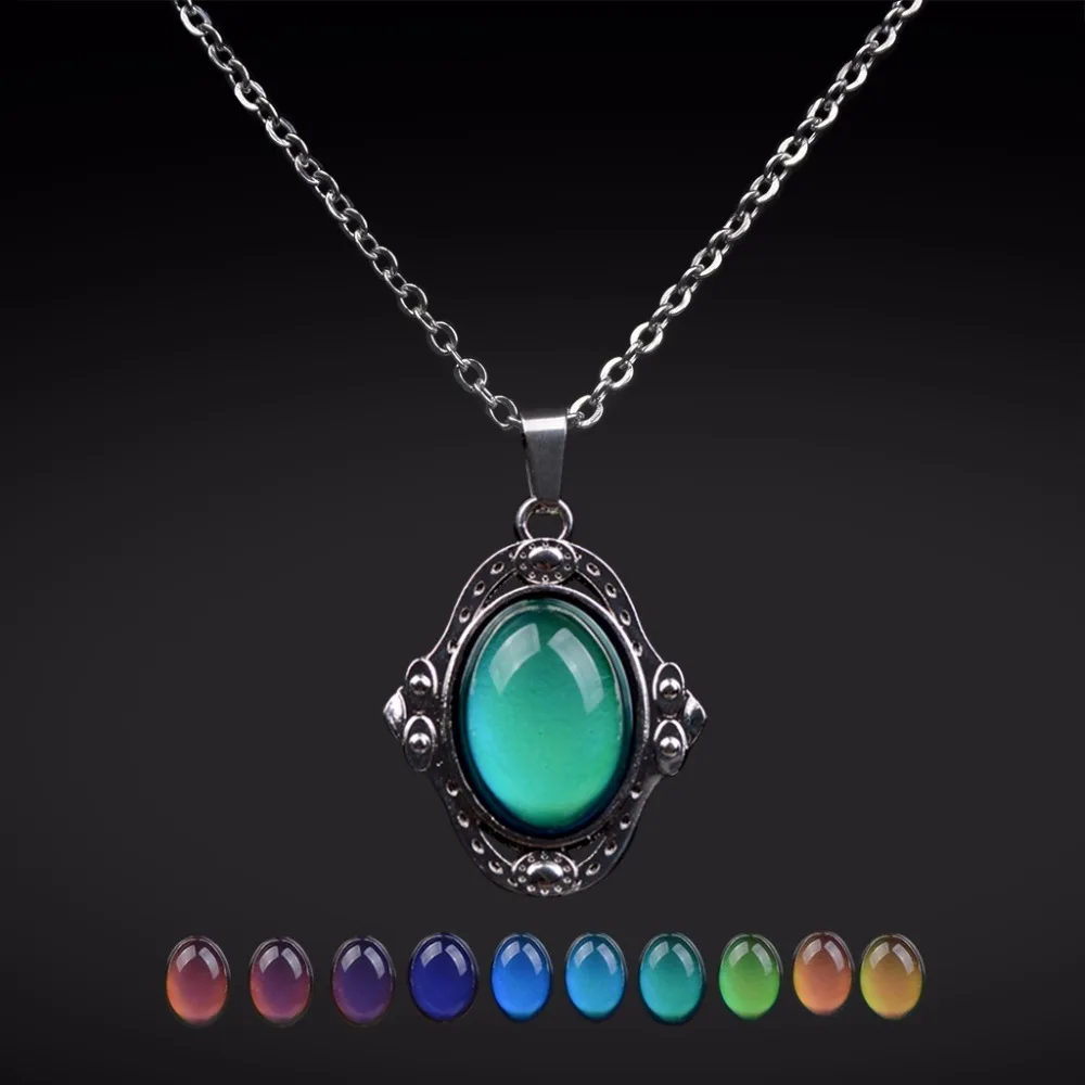 

Mood Necklaces Retro Palace Elliptic Jewelry Pendant Necklace Temperature Control Color Change Necklace Stainless Steel Chain