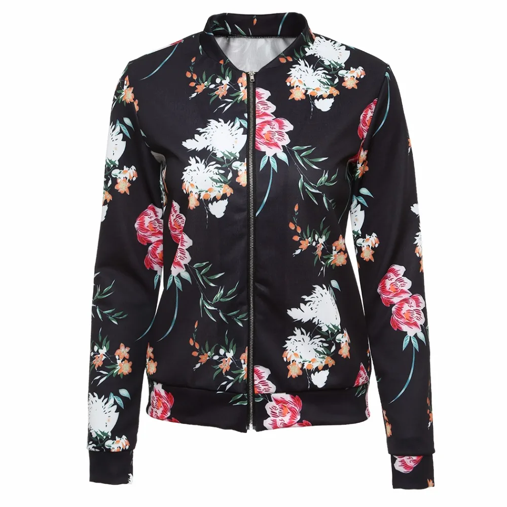 Осень Цветочный принт Куртки женские карман на молнии спереди стенд Куртка с