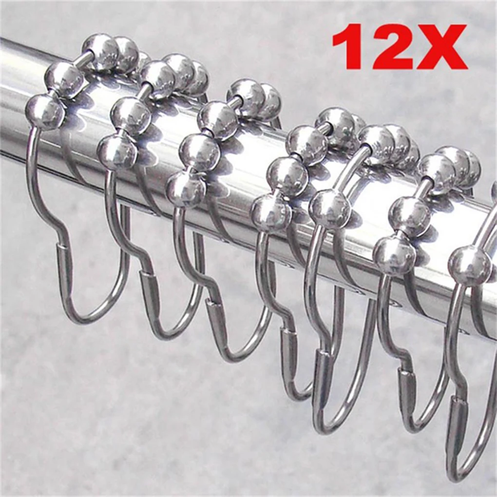 

12pcs 5 Roller Balls Shower Curtain Hooks Non Friction Sliding Kitchen Bathroom Bath Metal Curtain Ring