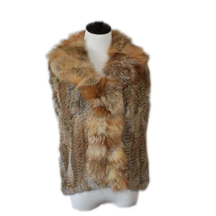 Harppihop women Knitted Rabbit Fur Fox Collar Vest waistcoat gilet sleeveless  customize Drop shipping wholesale price To brazil