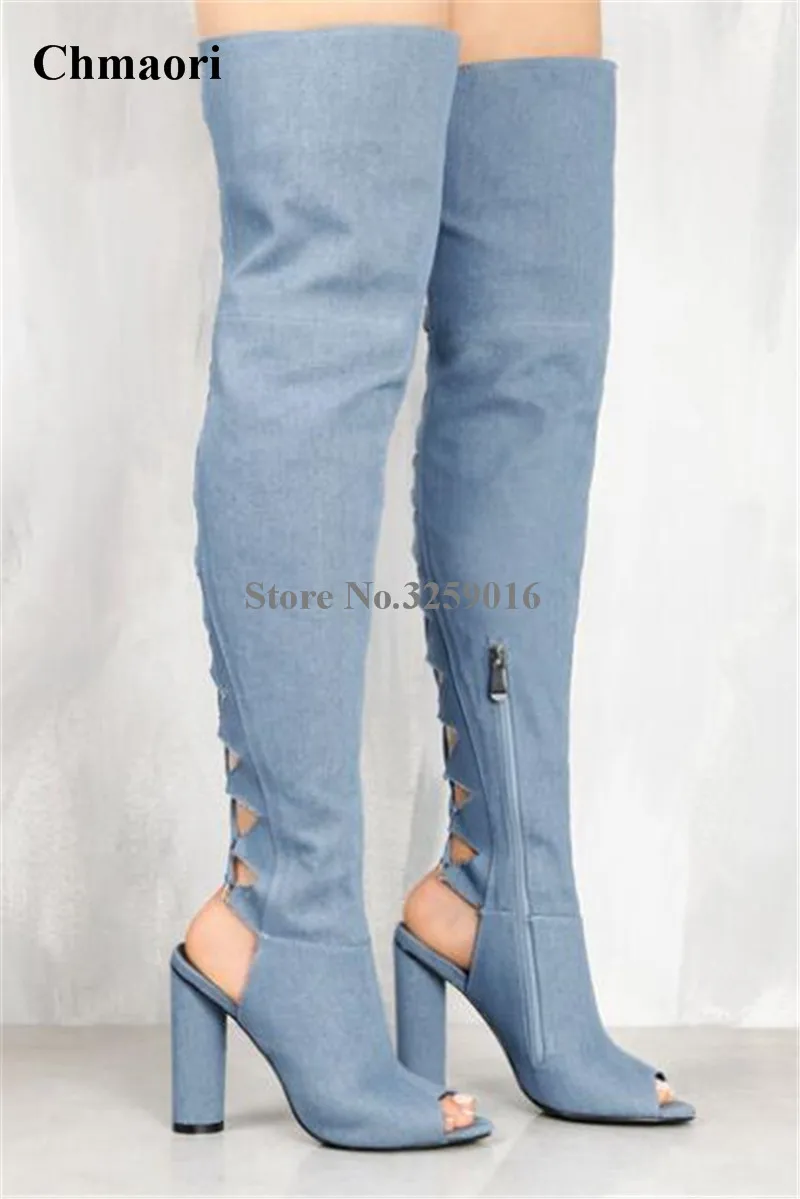 

Ladies New Design Open Toe Blue Denim Over Knee Chunky Gladiator Boots Back Cut-out Lace-up Long Thick High Heel Boots