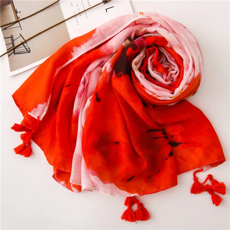 2019 New Cotton Ombre Flower Tassel Scarves Shawl Trendy Long Gradient Ink Floral Print Wrap Hijab Muffler Free Shipping |