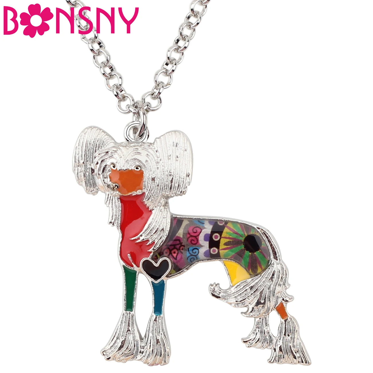 

Bonsny Statement Enamel Alloy Chinese Crested Dog Necklace Pendant Chain Choker Fashion Pet Animal Jewelry For Women Girls Gifts