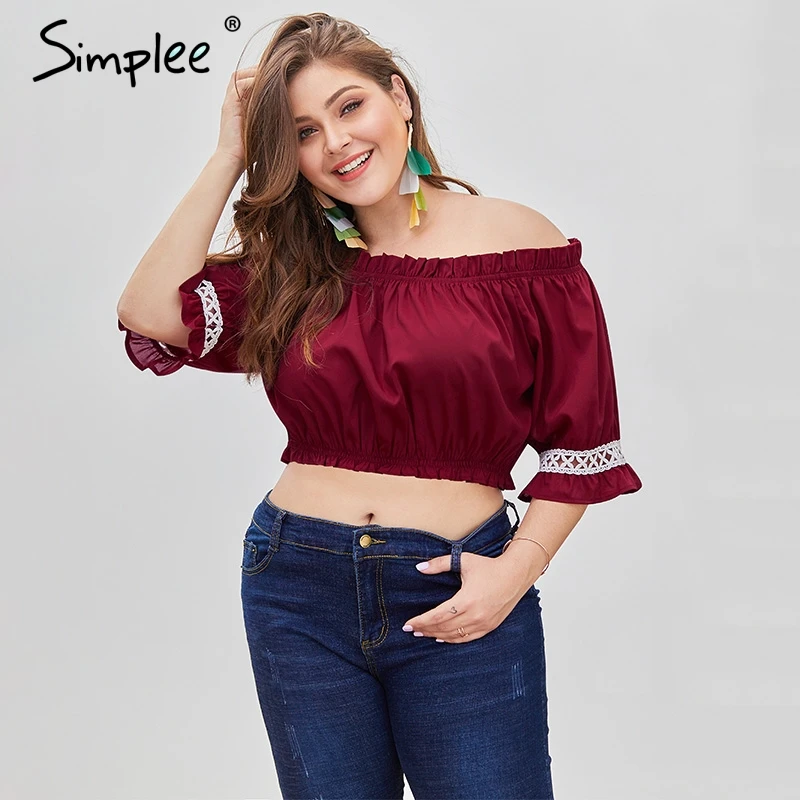 Simplee плюс размер элегантный slash шеи Женский Топ рубашка с коротким рукавом