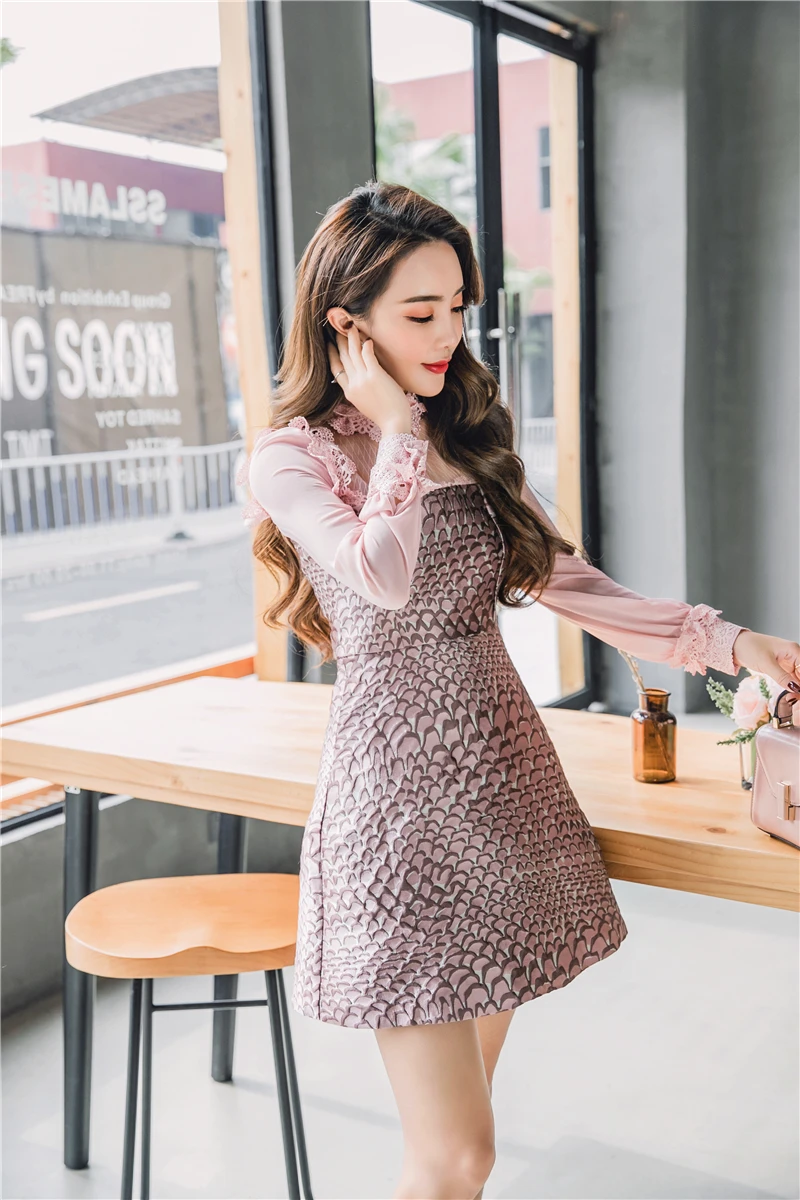 SMTHMA/жаккардовое платье; коллекция года; Vestido; весеннее кружевное винтажное модное розовое платье принцессы в стиле пэчворк с оборками и длинными рукавами