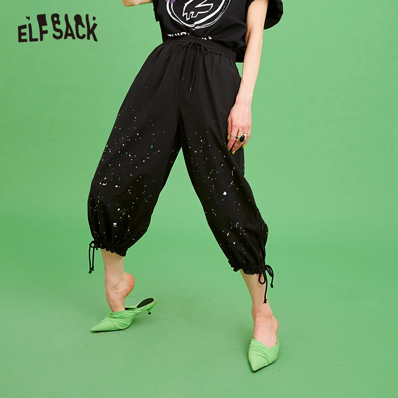 Женские уличные шаровары из хлопка ELF SACK черные с масляным принтом дамские брюки