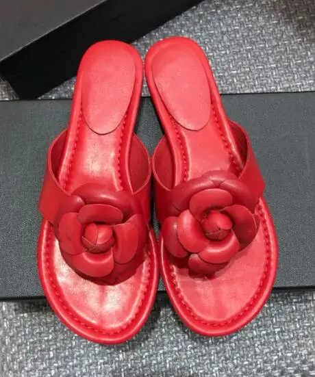red leather BONJEAN/модные кожаные тапочки на плоской подошве с украшением в виде цветка для женщин; Летние вьетнамки; Вьетнамки; пикантные пляжные шлепанцы - Цвет: red leather