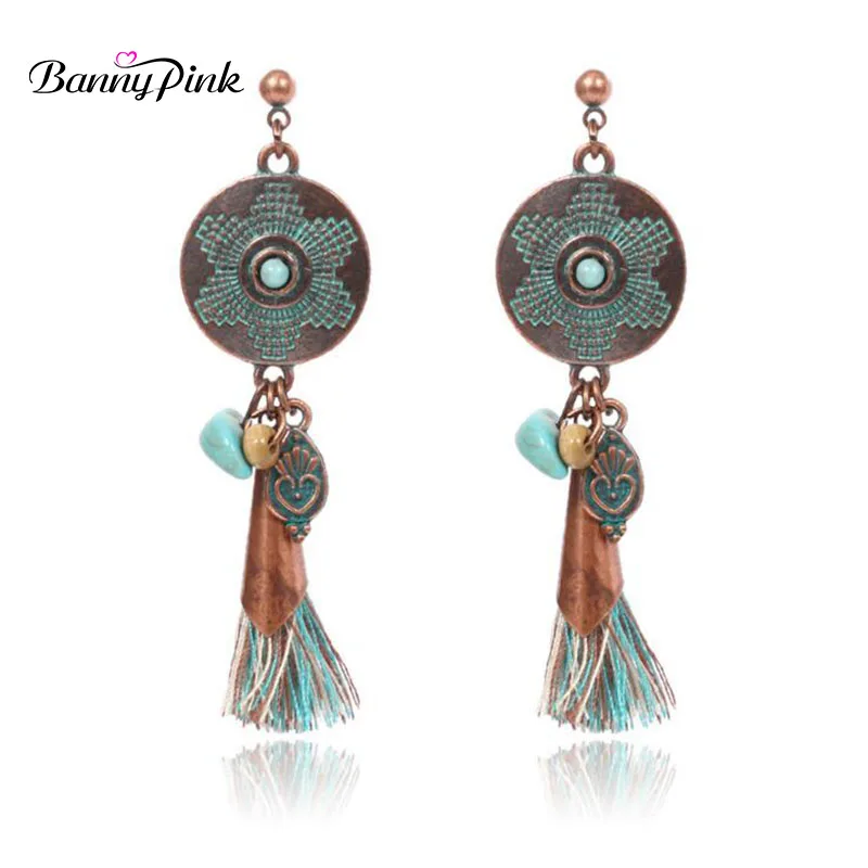 

Banny Pink Bohemia Geo Pendant Dangle Earrings For Women Ethnic Tassel Drop Earrings Vintage Charms Earrings Pendientes Bijoux