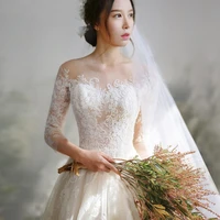 2022 wedding dress lace three quarter sleeves sweep brush train crost back ball gown princess vintage bride dress