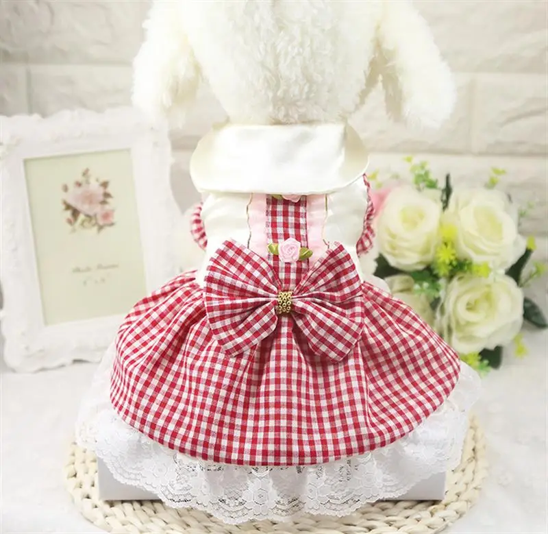 

Spring Summer Pet Puppy Dog Dresses Teddy Chihuahua Cherry Plaid Casual Skirt Princess Dog Dress Clothes Clothing