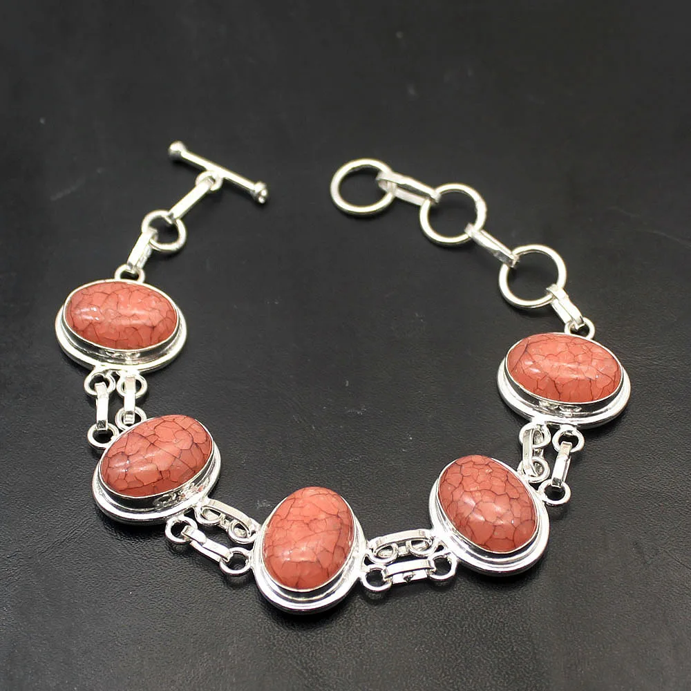 

Gorgeous Unique Natural PinkTurquoise 925 Sterling Silver Color Women Links Chain Bracelet 8.25 Inch TF943