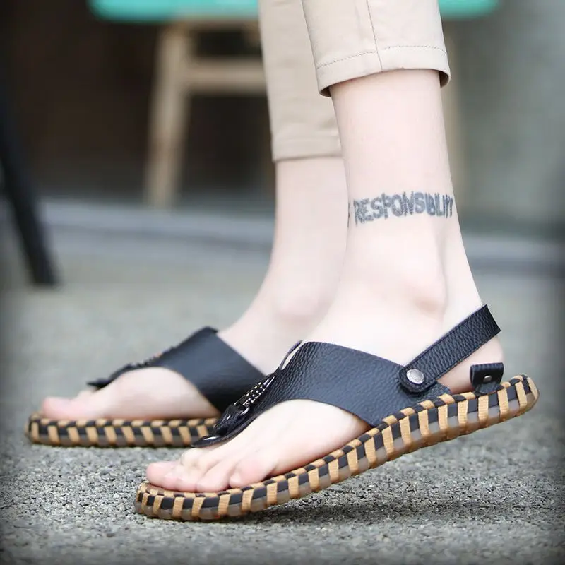 

LAISUMK Top Quality Mens Sandals Leisure Genuine Leather Summer Cool Light Weight Beach Casual Shoes Handmade Stitching