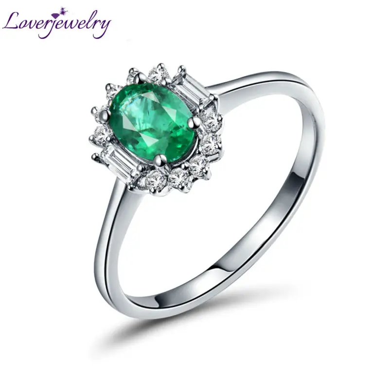 

LOVERJEWELRY Green Emerald Classic Ring Diamonds Jewelry Vintage Oval 5x7mm Emerald Cut Rings Solid 14kt White Gold Women Ring