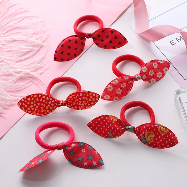 Red Random Pattern Новинка; 5 шт./лот; модные эластичные резинки для волос с кроликом; аксессуары для волос для девочек; Милые резинки для волос с хвостиком; Детские резинки для волос - Цвет: Red Random Pattern