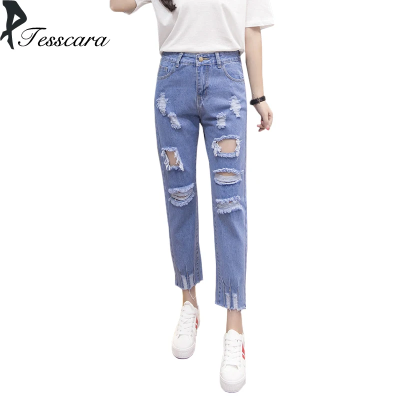 Spring Autumn Women Casual Slim Straight Pants Jeans Female Fashion Loose Hole Ripped Denim Trousers Long Streetwear Bottom | Женская