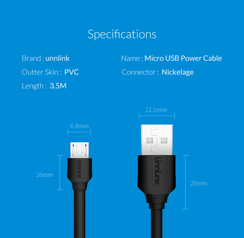 Unnlink Micro USB кабель питания 3,5 м DC 5 В 2A медный провод Кабель питания Шнур для автомобиля dvr камера gps регистратор вождения
