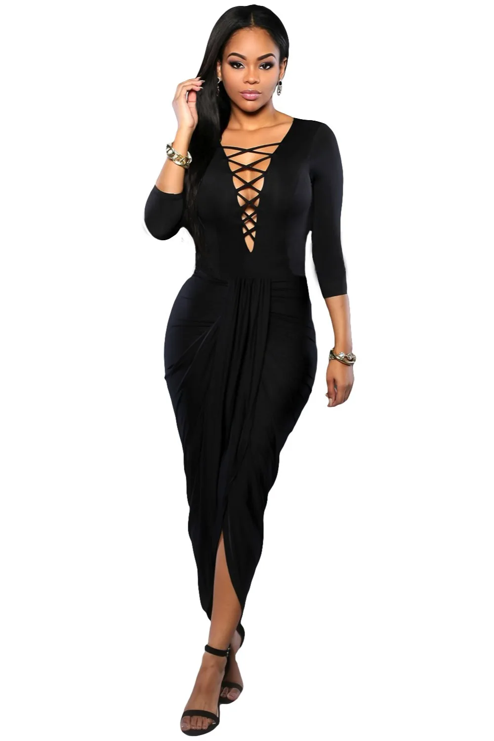 Hot Sale Winter Autumn Draped Front Sleeved Maxi Dress LC61186 Vestidos De Renda Feminino Casual Party |