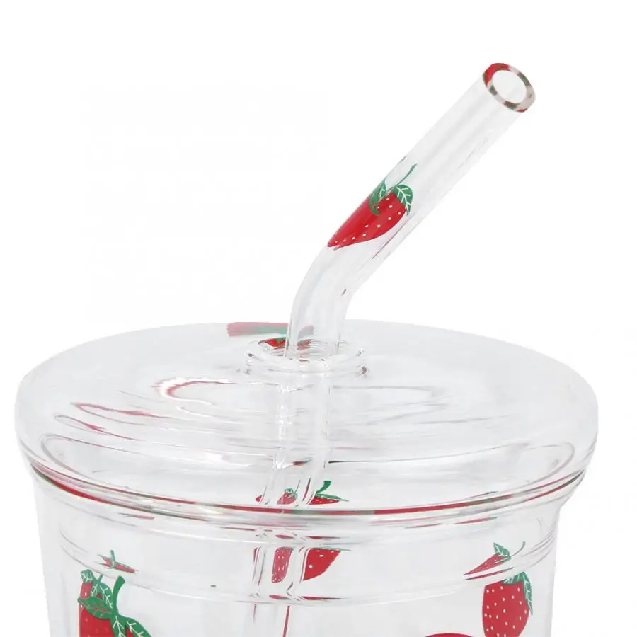 300ml Heat-Resisting Clear Lovely Strawberry Pattern Coffee Juice Drinking Water Glass Cup with Straw Lid