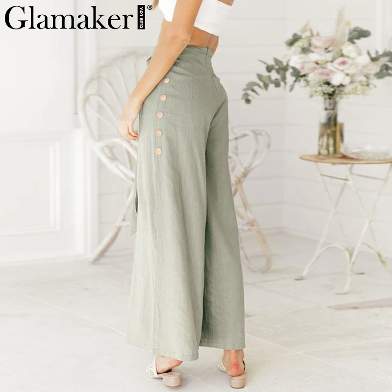Женские широкие брюки Glamaker летние свободные цвета хаки с разрезами по бокам