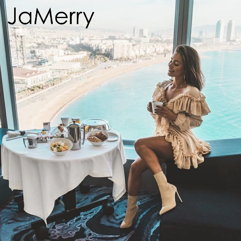 Женское короткое платье с оборками JaMerry элегантное вечернее мини длинным рукавом