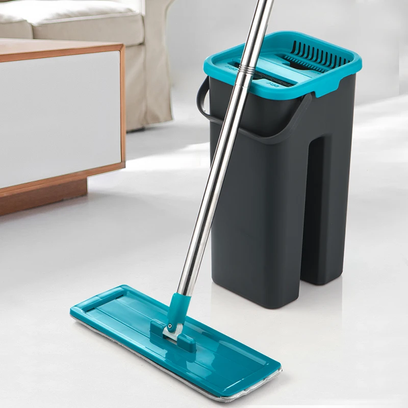 Flat Squeeze Mop and Bucket Hand Free Wringing Floor Cleaning Mop Microfiber Mop Pads Wet or Dry Usage on Hardwood Laminate Tile