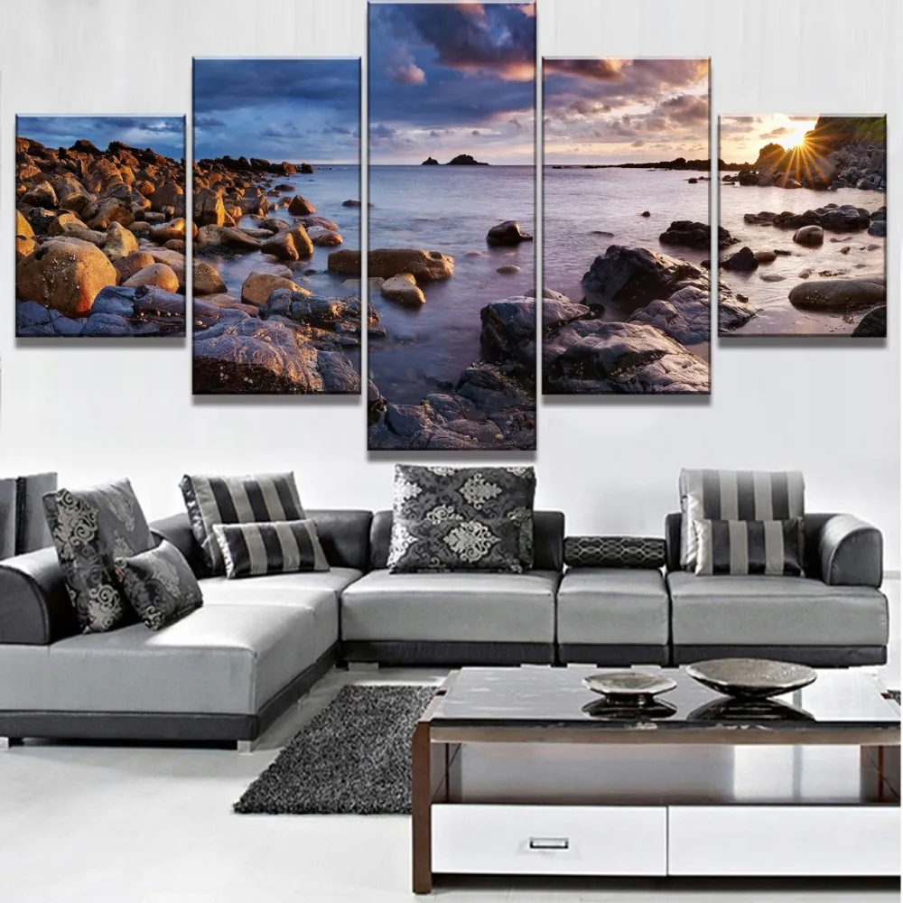 Framework 5 Panel HD Print Coast Stone Cuadros Landscape Canvas Wall Art Home Decor For Living Room Unique Gift Picture | Дом и сад