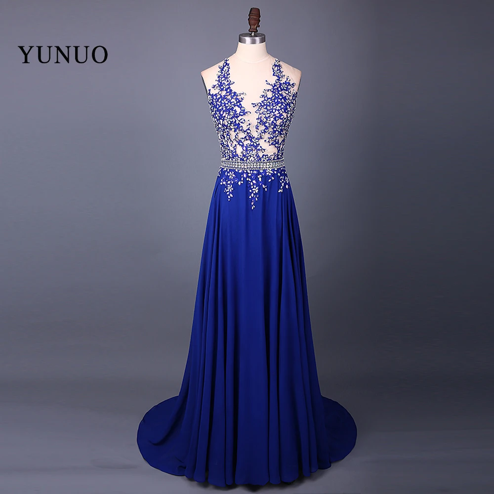 Сексуальные ярко синий шифон совок шеи Длинные вечерние платья 2017 аппликации