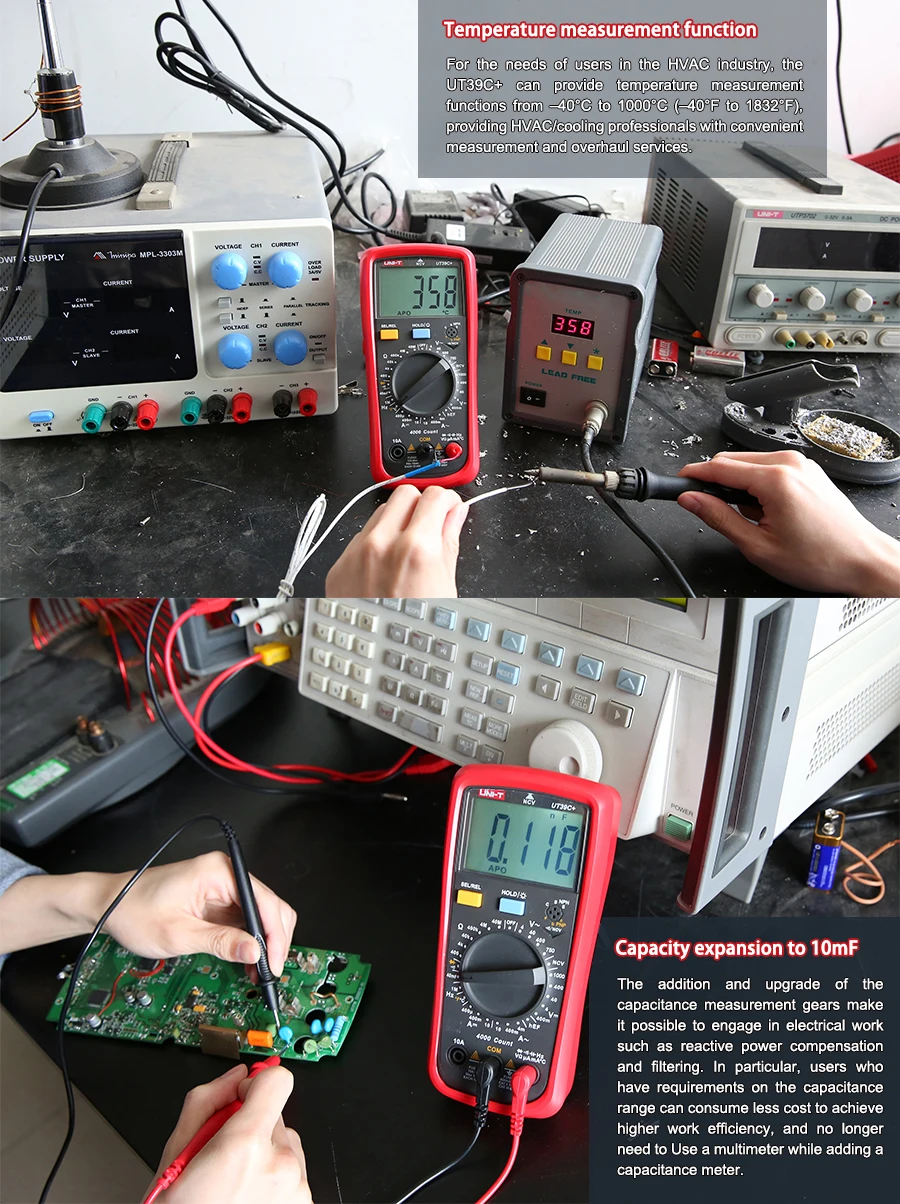 UNI T Цифровой мультиметр UT39A+ UT39C+ ручной диапазон электрика Multimetro конденсатор тестер цифровой с ЖК-подсветкой удержания данных