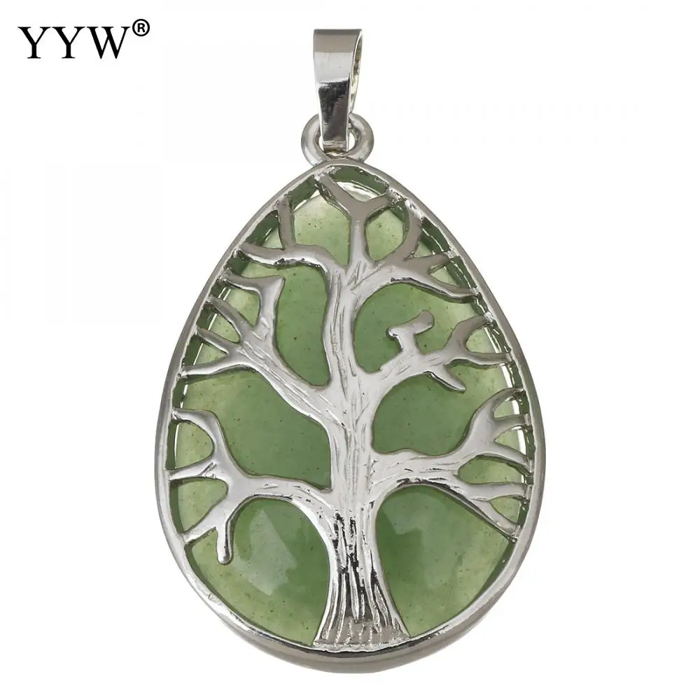 green aventurine Серебряный Цвет Древо жизни провода Обёрточная бумага в форме капли воды для женщин с натуральным драгоценным камнем тигровый глаз/красный кулон Подвески для изготовления ювелирных изделий - Окраска металла: green aventurine