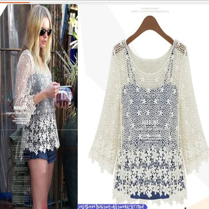 Женская пляжная кружевная блузка с рукавом три четверти белая крючком и цветком