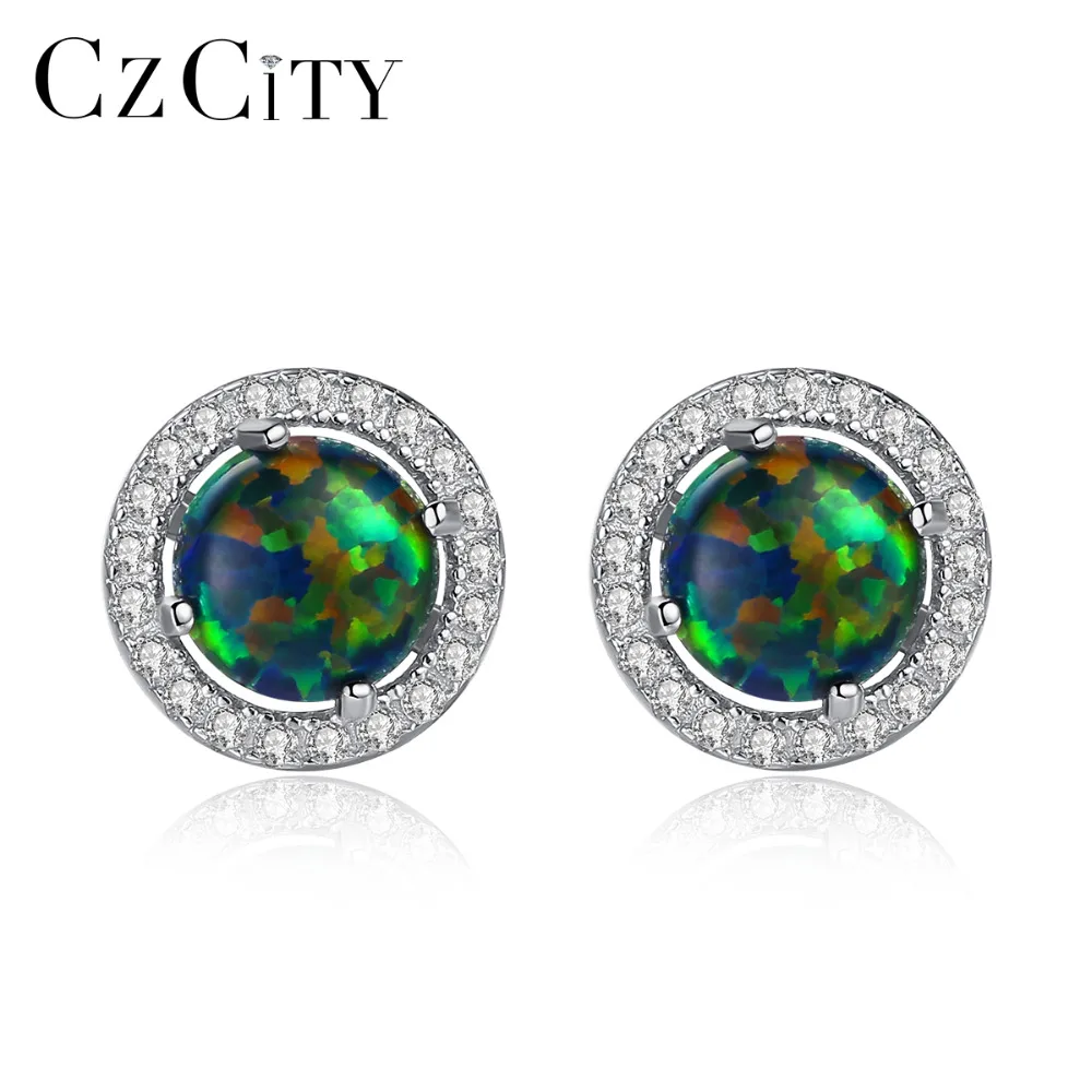 

CZCITY Round Real Sterling 925 Silver Stud Earring for Women Colorful Fire Opal Jewelry Post Earring Female Attractive Gift 2018