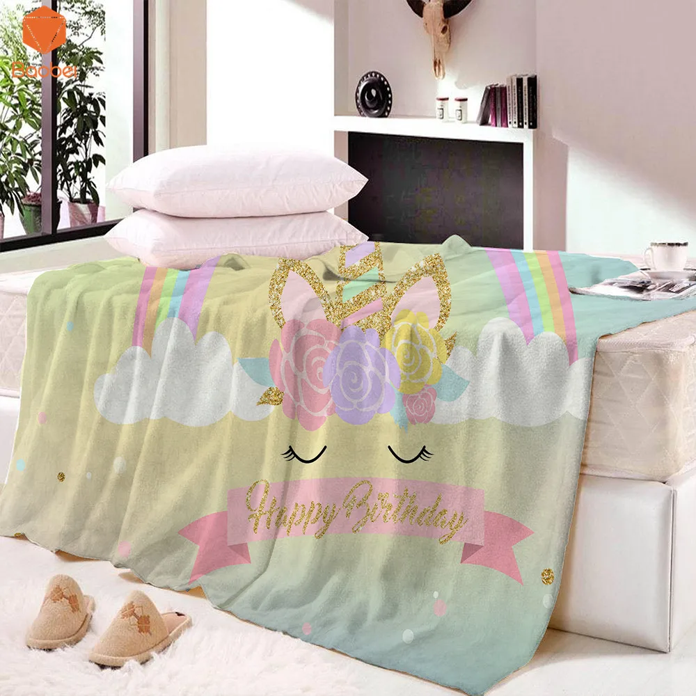 

3D Unicorn Rainbow Happy Birthday Super Soft Blanket Velvet Plush Throw Blanket Art blanket Throw Travel Beach Towel Bedsheet