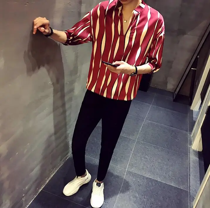 Sunwang мужские рубашки пуловер летние полосатые s Social Camisas Para Hombre v образный вырез