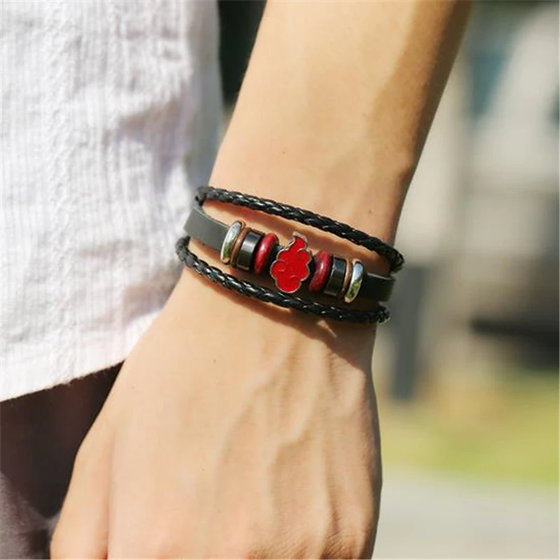 Наруто Акацуки Учиха Итачи аксессуары для косплея ювелирные изделия Красное Облако символ двойной шпагат из искусственной кожи браслет