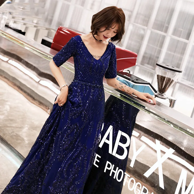 2019 Sunmmer Autumn Women Dress Blue Sequin Long Vintage Haute Couture Noble Elegant Gown Birthday Girl's Shirt A298 | Женская