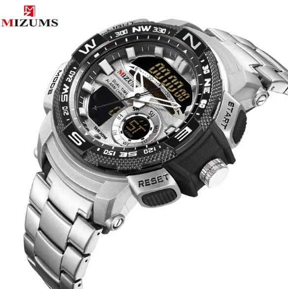 silverblack Роскошный бренд Mizums часы Мужские кварцевые мужские s наручные часы водонепроницаемые 2 раза будильник электрические цифровые спортивные мужские часы relogios - Цвет: silverblack