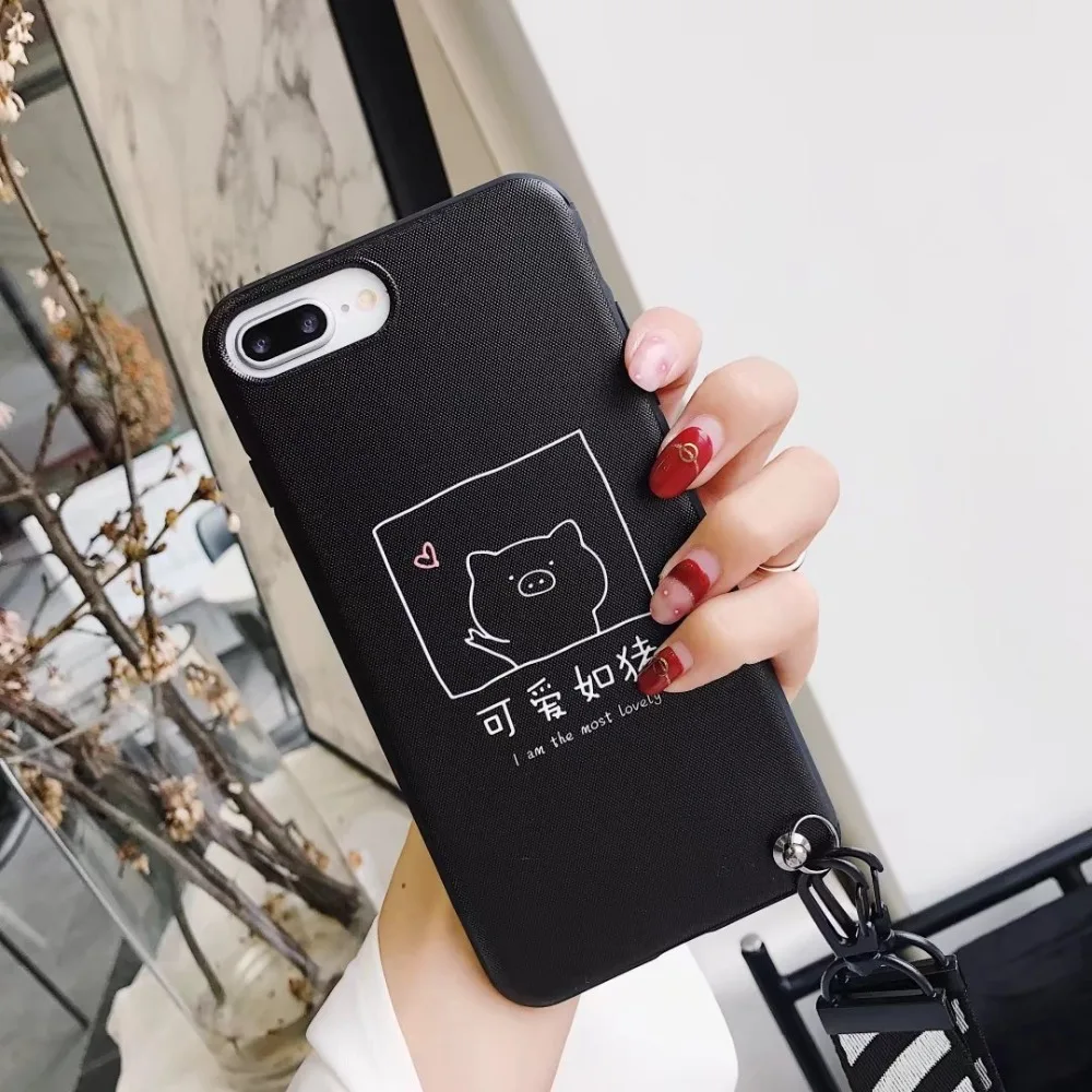 ORYKSZ 3D Cartoon Pig Patterned Phone Case For iPhone 7 Hang Rope Soft Cases Back Cover Coque iPhoneX 8 6 6s plus |