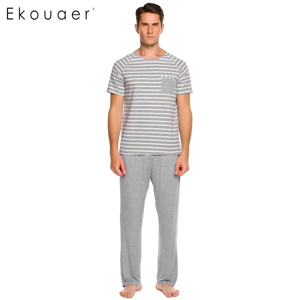 Ekouaer Короткий Мужской пижамный комплект топ в полоску с рукавами Maxmoda и Мягкие