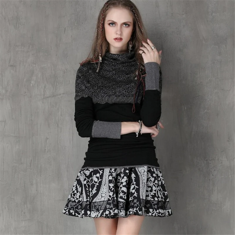 Autumn Winter Sweater Women 2020 Knit Jacquard Elastic turtleneck Pullover Retro Stitching Wool Femme Tops | Женская одежда