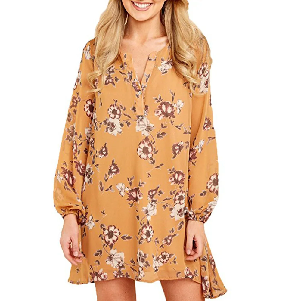 Женское платье-мини в стиле бохо Пляжное платье с длинным рукавом и цветочным