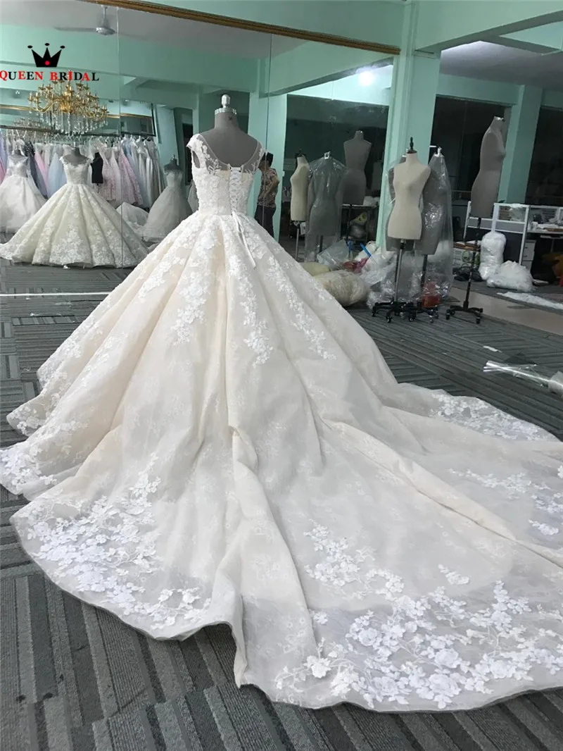 Luxury Wedding Dresses Ball Gown Big Train Lace Tulle Long Formal Plus Size Wedding Gown Bridal Dress Custom Made YB160
