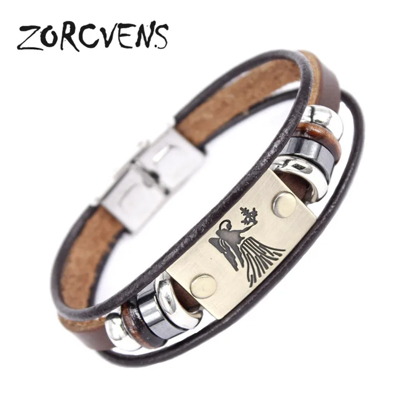 ZORCVENS 2021 New Fashion 12 Constellation Signs Bracelets Bangles Stainless Steel Leather Bracelet for Men | Украшения и