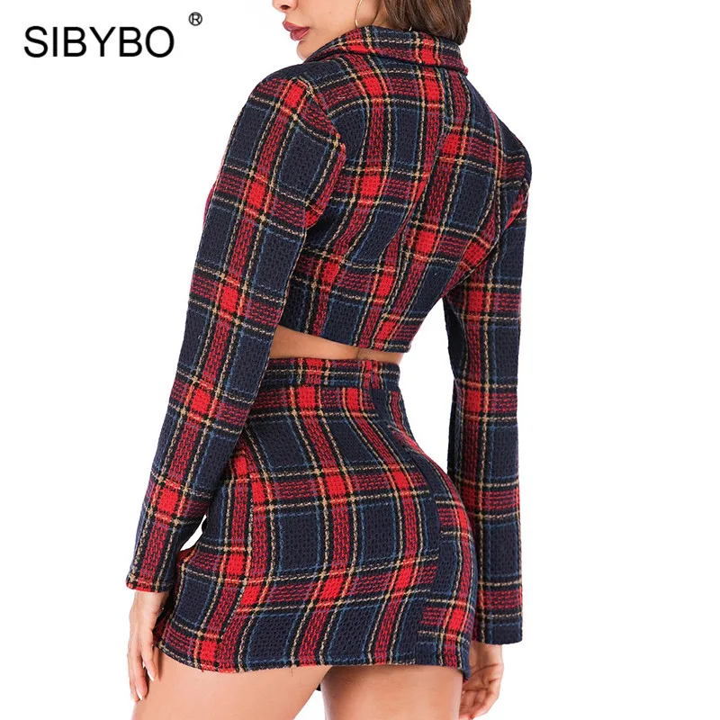 Sibybo, клетчатое, с принтом, с зубцами, мини, сексуальное, облегающее платье, весна, с длинным рукавом, имперский комплект из двух частей, платье для женщин, на пуговицах, вечерние платья